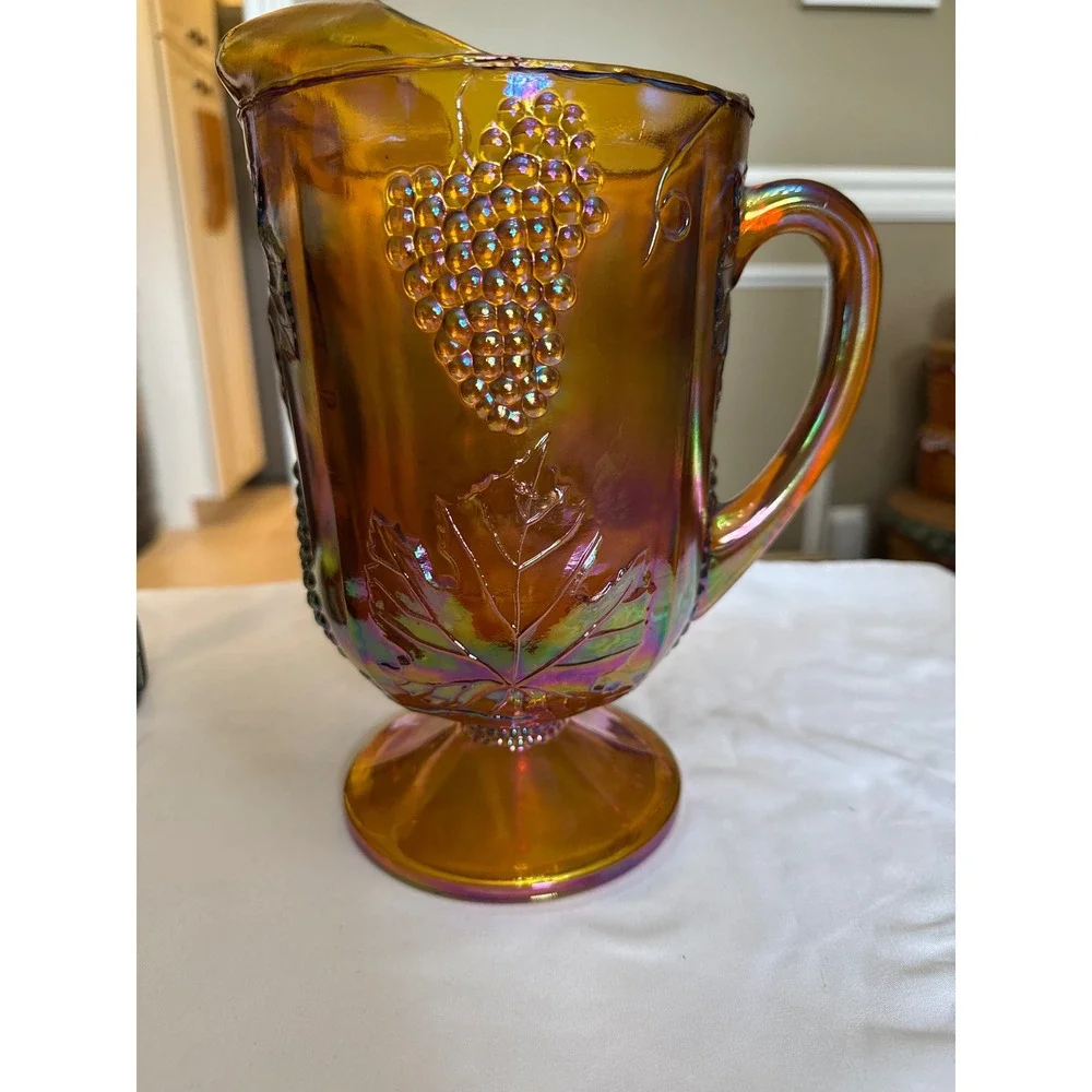 Vintage Marigold Carnival Glass Pitcher Grape & Leaf Iridescent Footed 9.5
